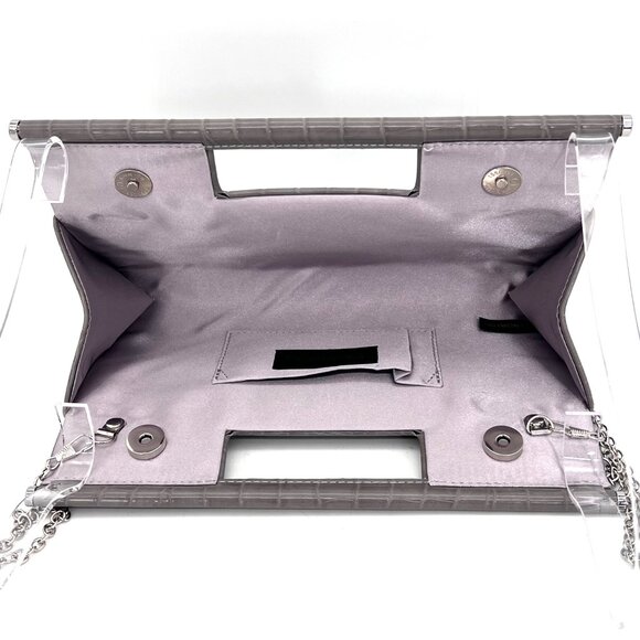 Jessica McClintock Gray Faux Crocodile Emboss Leather Clutch Handbag Chain Strap - Picture 5 of 13